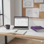 A bright, organized desk setup for a professional qualification candidate. An open laptop displays study notes with RICS-related documents and competency guides visible nearby. A notebook with handwritten notes, a pen, and a cup of coffee are placed next to the laptop. The background subtly features architectural drawings, suggesting a surveying or built environment profession. The scene conveys academic rigor and preparation for the RICS Assessment of Professional Competence (APC).