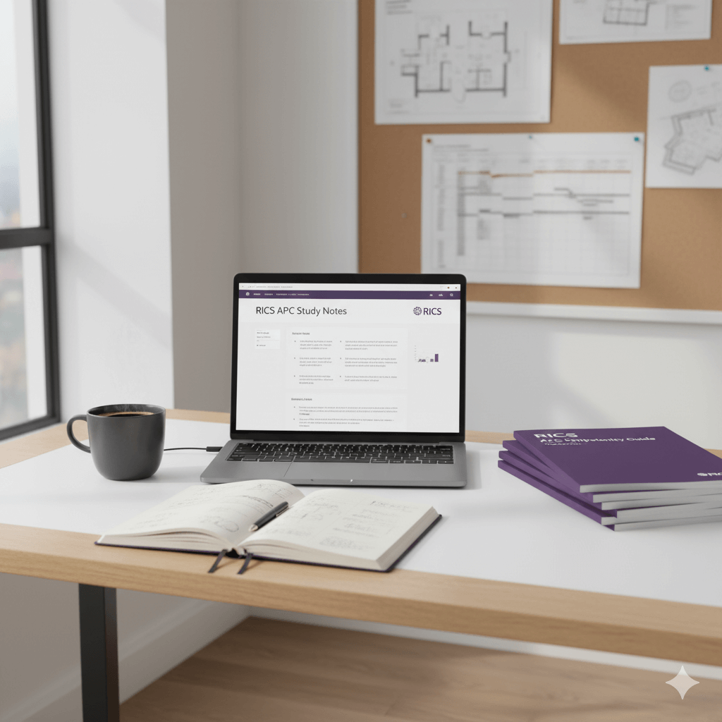 Competencies & Study Material A bright, organized desk setup for a professional qualification candidate. An open laptop displays study notes with RICS-related documents and competency guides visible nearby. A notebook with handwritten notes, a pen, and a cup of coffee are placed next to the laptop. The background subtly features architectural drawings, suggesting a surveying or built environment profession. The scene conveys academic rigor and preparation for the RICS Assessment of Professional Competence (APC).