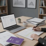 Hands of a professional reviewing technical drawings on a laptop in a bright, modern office with a view of a city. The setting emphasizes preparation for the RICS APC assessment.