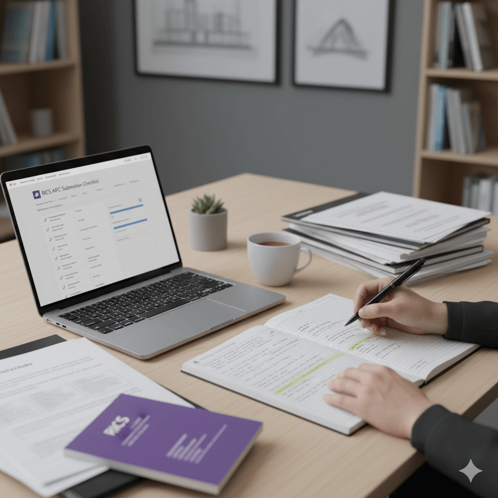 Submission & Documentations A candidate actively preparing RICS APC documents, with a laptop showing a submission checklist, handwritten notes, and organized papers on a desk.