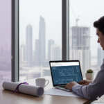 Hands of a professional reviewing technical drawings on a laptop in a bright, modern office with a view of a city. The setting emphasizes preparation for the RICS APC assessment.